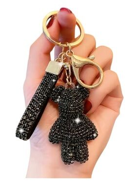 Gold Keyring with Black Crystal Teddy Charm and Strap